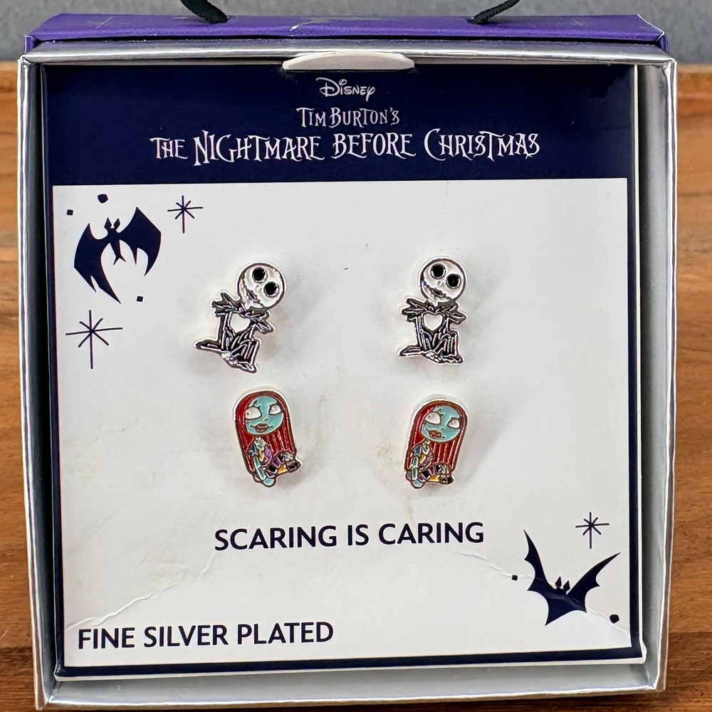 Disney Nightmare Before Christmas Jack & Sally Silver Plated Earring Set 2 Pairs